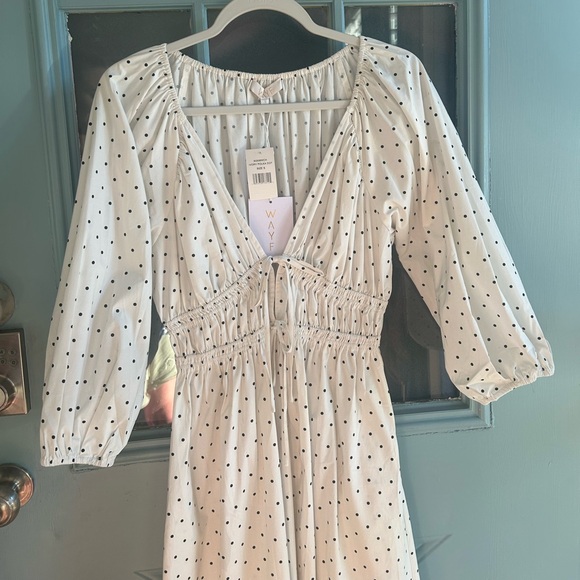 NWT WAYF Veronica Ivory Polka Dot White & Black Bow Tie Cotton Maxi Dress Small - Picture 6 of 14